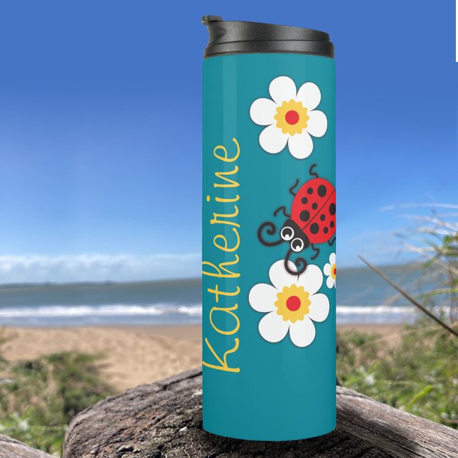 Bouteilles Isothermes Ladybug filles nom rouge blanc jaune sur aqua (Créateur téléchargé)