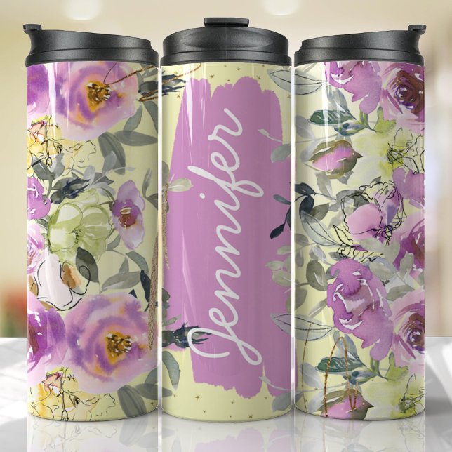 Bouteilles Isothermes Lilac Jaune Floral Ajouter un nom Cadeau personnal (Floral Personalized Tumbler)