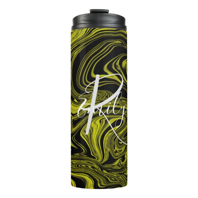Bouteilles Isothermes Lime et marbre noir Agate Nom Abstrait Monogramme (Devant)