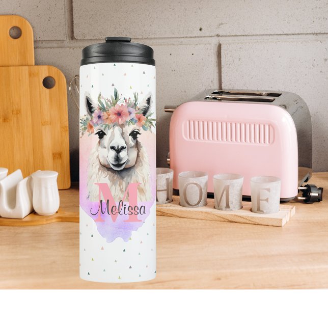 Bouteilles Isothermes Llama Jolie ferme animal Monogramme Fleur sauvage (Sweet Llama Wildflower Thermal Tumbler boho animal monogram gift)