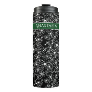 Bouteilles Isothermes Main dessinée Floral noir blanc Motif & vert Nom