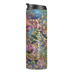Bouteilles Isothermes Mandala doré moderne Nébuleuse bleue violette Nom 