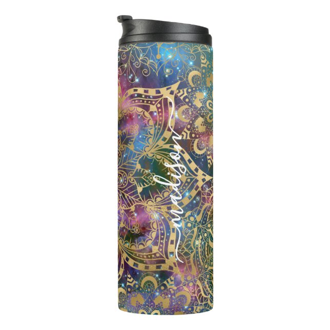 Bouteilles Isothermes Mandala doré moderne Nébuleuse bleue violette Nom  (Tourné sur la droite)
