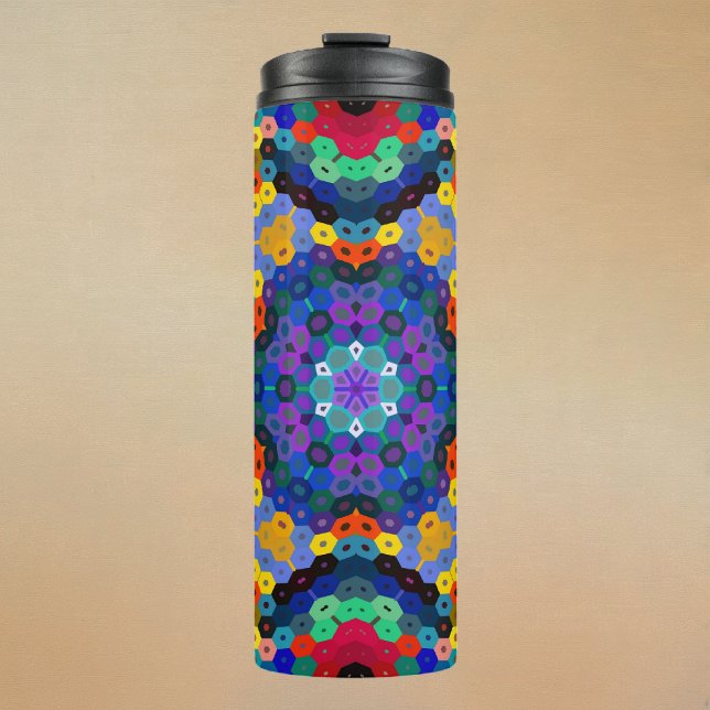 Bouteilles Isothermes Mandala Hexagonal Bleu Jaune Rouge et Vert (Blue Yellow Red and Green Hexagon Mandala Thermal Tumbler by Wormhole Orbital)