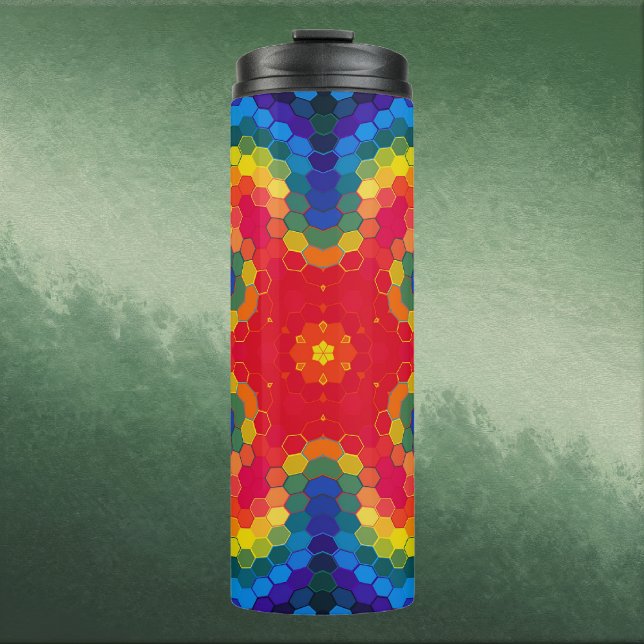 Bouteilles Isothermes Mandala Hexagonal Rouge Jaune et Bleu (Red Yellow and Blue Hexagon Mandala  Thermal Tumbler by Wormhole Orbital)