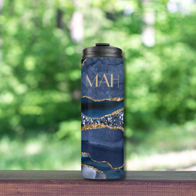 Bouteilles Isothermes Marbre d'agate à paillettes bleu or Monogramme Ten (Blue Gold Glitter Agate Marble Monogrammed Thermal Tumbler)