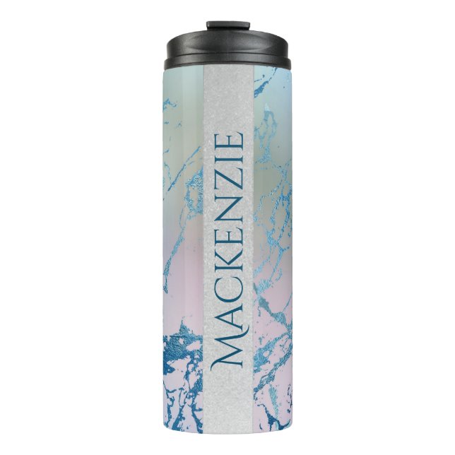 Bouteilles Isothermes Marbre Iridescente | Tendance Faux Holo bleu rose (Devant)