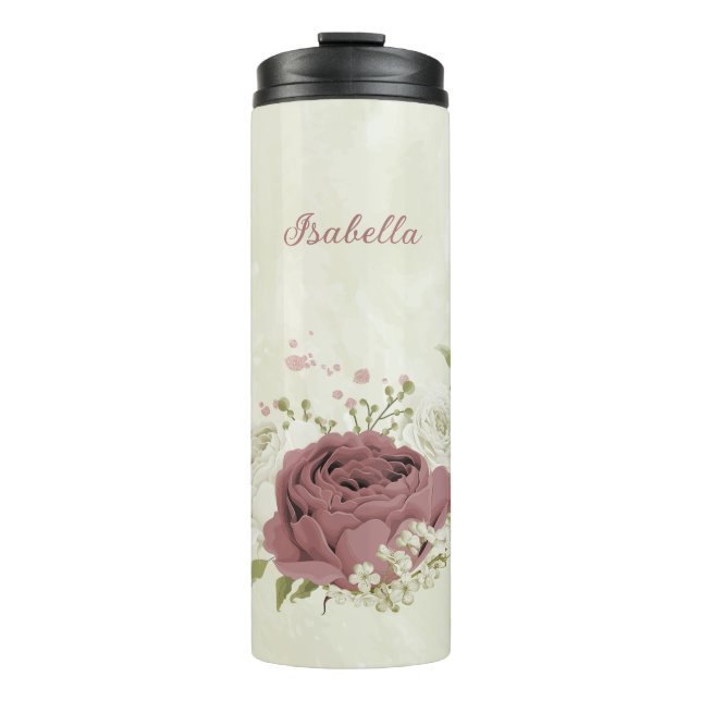 Bouteilles Isothermes mariage fleurs blanches rose poussiéreuse (Devant)