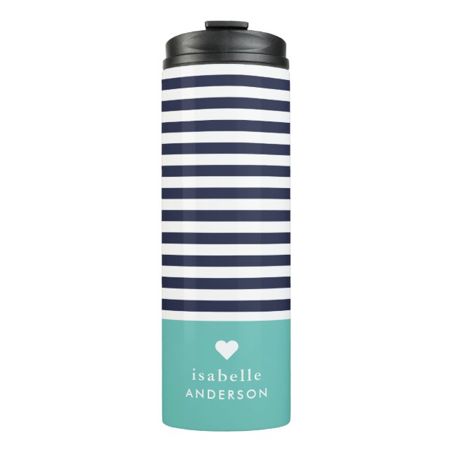 Bouteilles Isothermes Marine Bleu et Aqua Chic Stripes Coeur Monogramme (Devant)