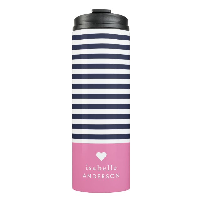Bouteilles Isothermes Marine Bleu et rose Chic rayures Coeur Monogramme (Devant)