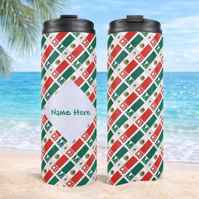 Bouteilles Isothermes Mexique Drapeau mexicain Carrelé Vert Personnalisé (Personalized thermal tumbler with tiled Mexican Flag and MEXICO. White fractal to add a name.)