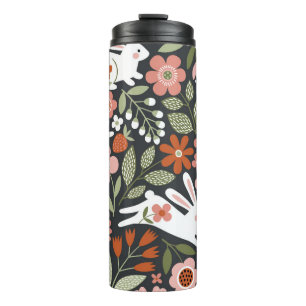Bouteilles Isothermes Mignons lapins blancs, motif vintage fleuri.