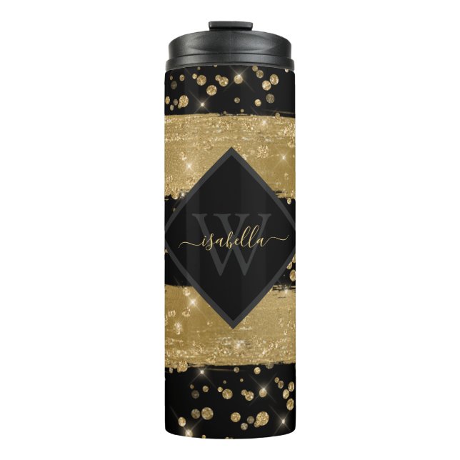 Bouteilles Isothermes Moderne Féminin Monogramme Script Noir Paillettes  (Devant)