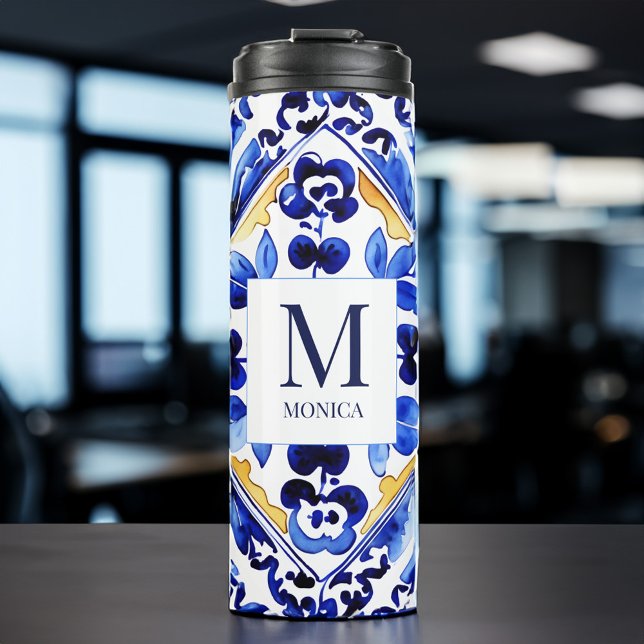 Bouteilles Isothermes Monogramme Amalfi Vietri Italien carreaux bleus ca (Monogram Amalfi Vietri Italian blue tiles bridesmaid gifts Thermal Tumbler bridal party favors gifts)