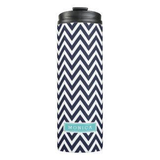 Bouteilles Isothermes Monogramme bleu marine et turquoise Chevron