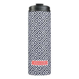 Bouteilles Isothermes Monogramme clé grecque marine bleu et corail