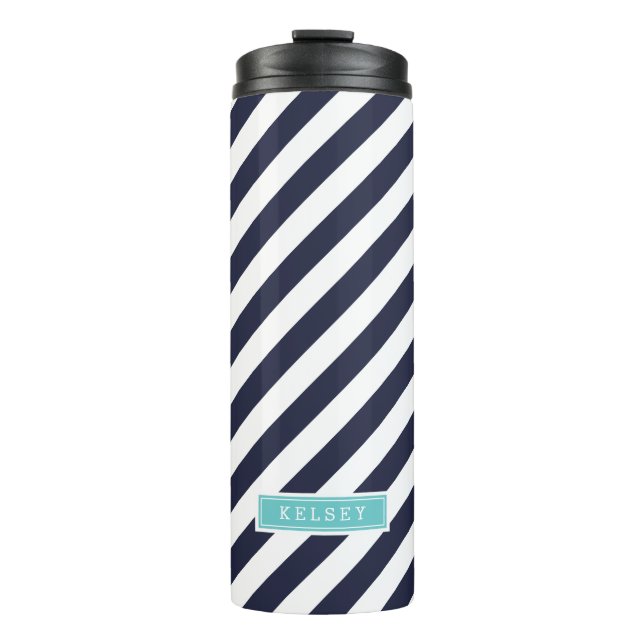 Bouteilles Isothermes Monogramme de bandes Preppy bleu marine et turquoi (Devant)
