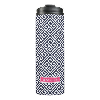 Bouteilles Isothermes Monogramme de clé bleu marine et rose grecque