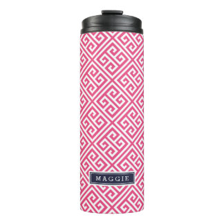 Bouteilles Isothermes Monogramme de clé bleu marine et rose grecque