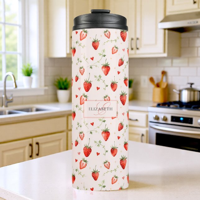 Bouteilles Isothermes Monogramme de coeurs roses botaniques doux de baie (strawberry water bottle monogram personalized name birthday baby shower christmas gift)