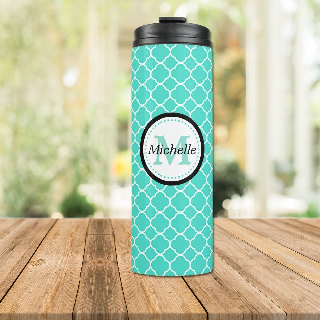 Bouteilles Isothermes Monogramme de Quatrefoil turquoise et blanc (Créateur téléchargé)