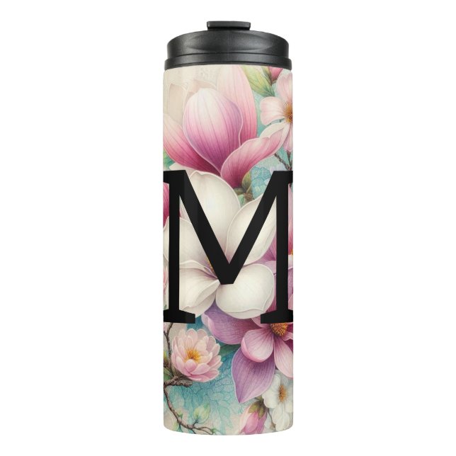 Bouteilles Isothermes Monogramme dentelle rose violet fleurs de magnolia (Devant)