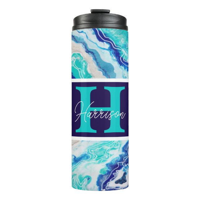 Bouteilles Isothermes Monogramme en marbre bleu et turquoise Nom plage (Devant)