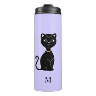 Bouteilles Isothermes Monogramme et joli chat noir sur bleu pervenche cl