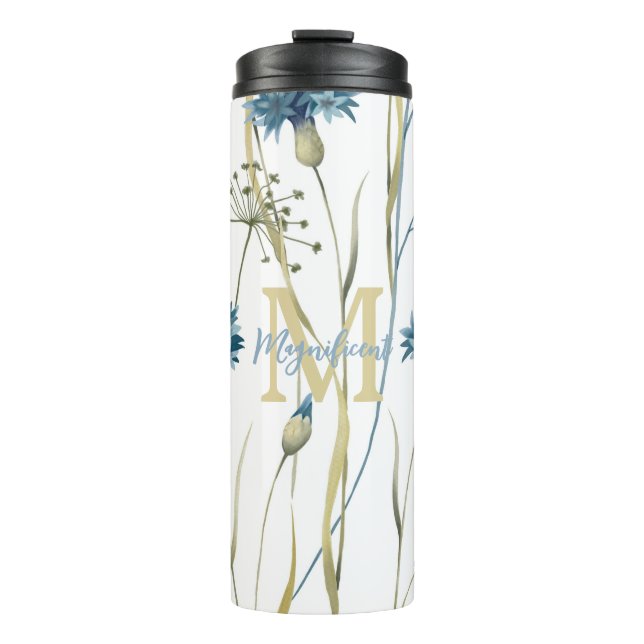 Bouteilles Isothermes Monogramme Floral Bleu Bleu Or Blanc (Devant)