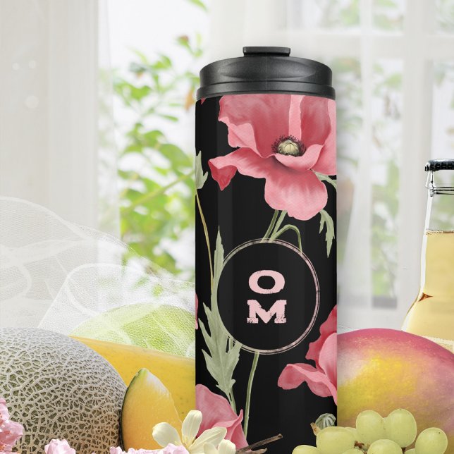 Bouteilles Isothermes Monogramme floral moderne Pink Black Poppy (Pink Poppy Black Monogram Contrast Thermal Tumbler ©Susanne Sachers - Sunny Mind 🌞)