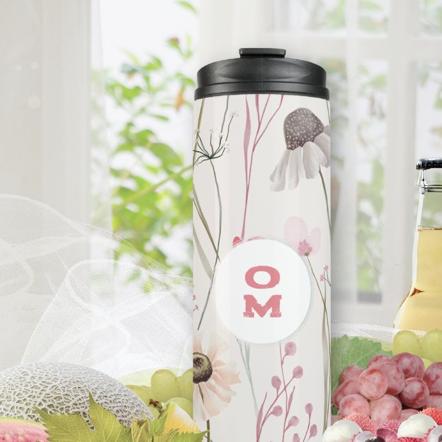 Bouteilles Isothermes Monogramme floral moderne vert clair rose (Mauve Sage Monogram Traveler Thermal Tumbler ©Susanne Sachers - Sunny Mind 🌞)