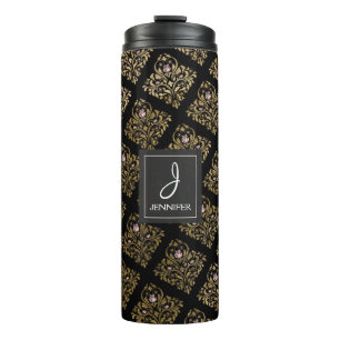 Bouteilles Isothermes Monogramme floral rose, noir et or