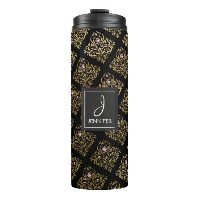 Bouteilles Isothermes Monogramme floral rose, noir et or (Devant)
