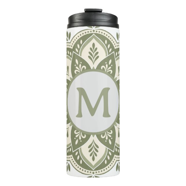Bouteilles Isothermes Monogramme Initial Boho Mandala Vert Sauge (Devant)