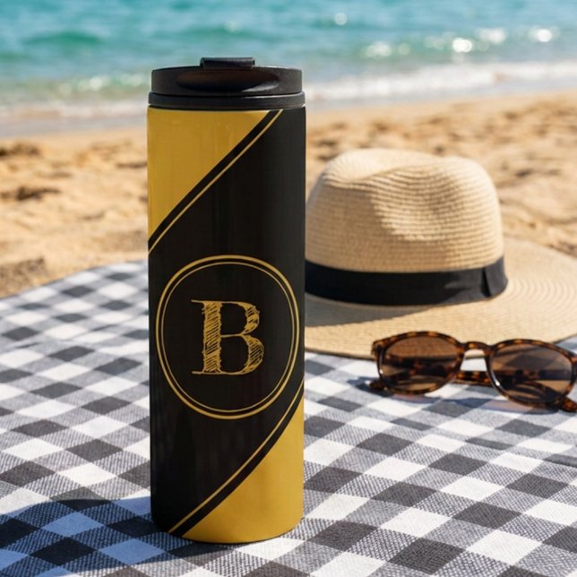 Bouteilles Isothermes Monogramme Initial Géométrique Diagonal Noir Or (Black and gold thermal tumbler with initial letter monogram template text.)