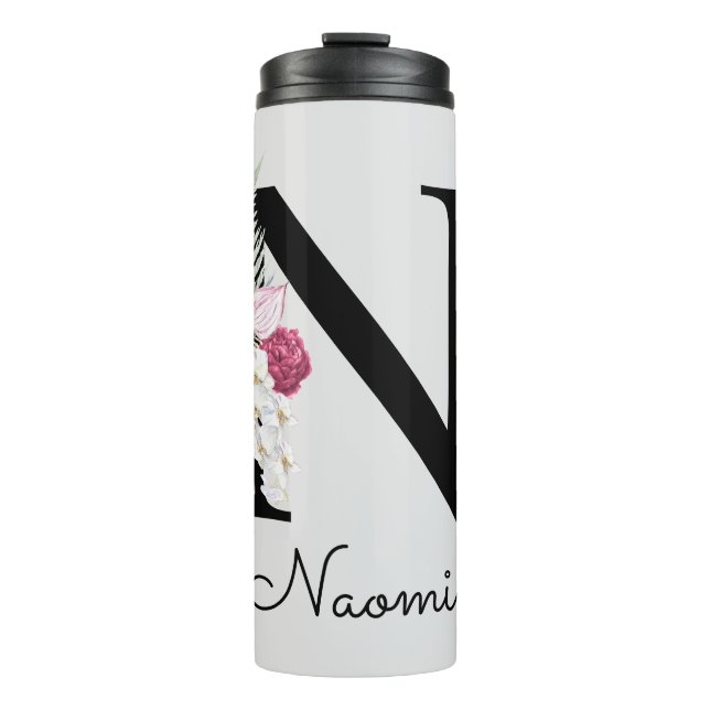 Bouteilles Isothermes Monogramme initiale N Rose Boho Floral  (Devant)