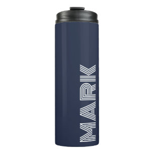 Bouteilles Isothermes Monogramme Moderne Nom Rayures Bleu Foncé Blanc