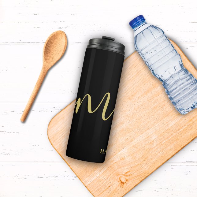 Bouteilles Isothermes Monogramme moderne Script Calligraphie Black Gold  (Créateur téléchargé)