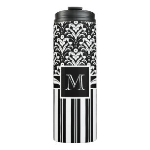 Bouteilles Isothermes Monogramme noir et blanc Retro Floral Damask