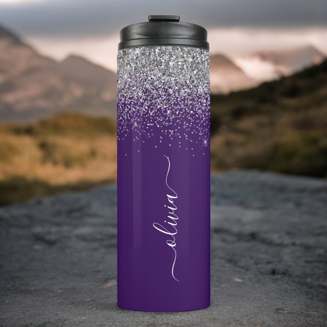 Bouteilles Isothermes Monogramme Nom Paillettes Argent Violet Fille (Créateur téléchargé)