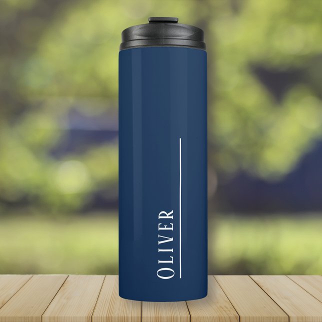 Bouteilles Isothermes monogramme personnalisé, bleu marine profond (Navy blue thermal tumbler travel mug with custom personalized monogram)