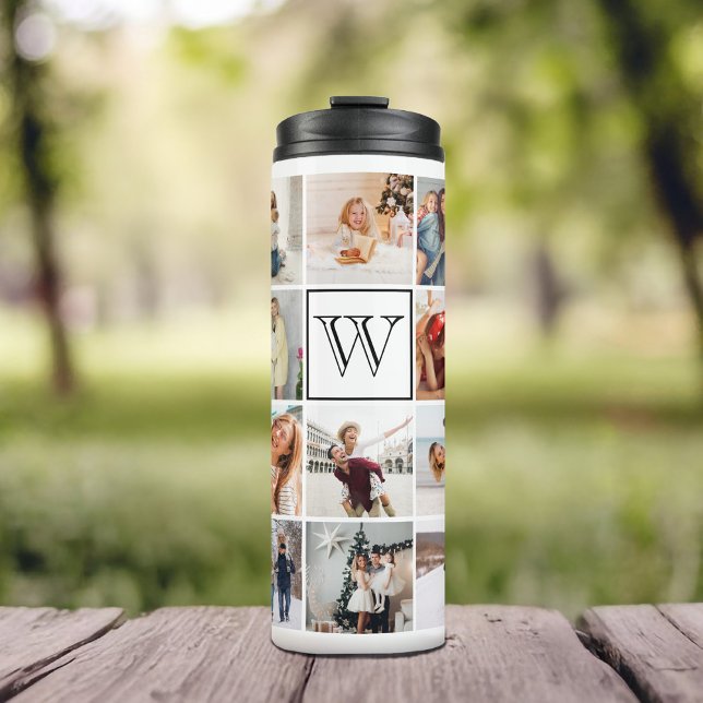 Bouteilles Isothermes Monogramme Photo Collage blanc (Give the perfect gift with this monogram design featuring a 19-photo collage. )