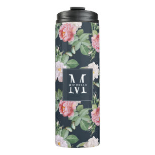 Bouteilles Isothermes Monogramme Roses roses Papillons gris foncé perso
