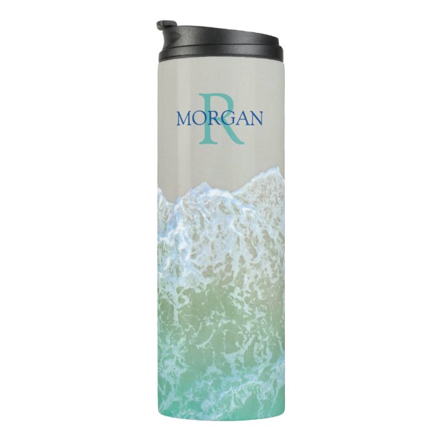 Bouteilles Isothermes Monogramme sarcelle DIY & nom bleu, douces vagues  (Tourné sur la droite)