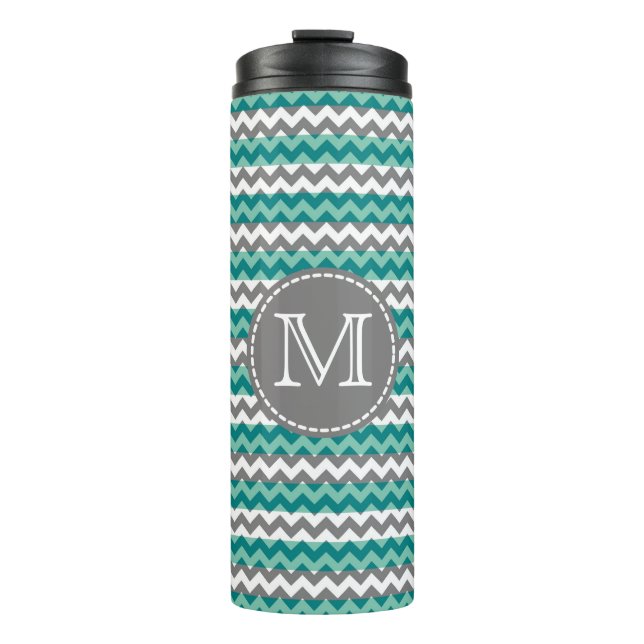 Bouteilles Isothermes Monogramme Turquoise et Grey Chevron Zigzag (Devant)