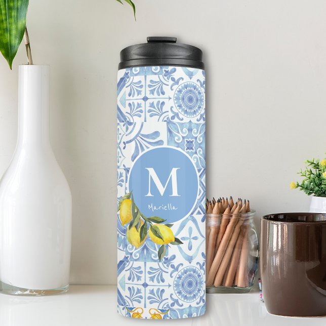 Bouteilles Isothermes Monographie de fruit de citron, carreau bleu (Lemon fruit monogram, blue tile thermal tumbler Travel mug for her)
