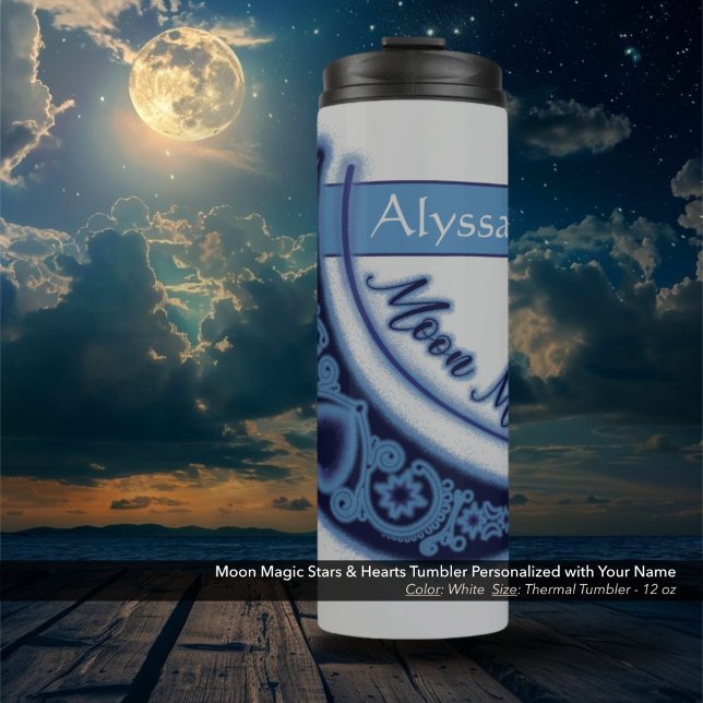 Bouteilles Isothermes Moon Magic Stars Coeurs Nom céleste Blanc (Moon Magic Stars and Hearts Celestial White Thermal Tumbler Personalized with Your Name.)