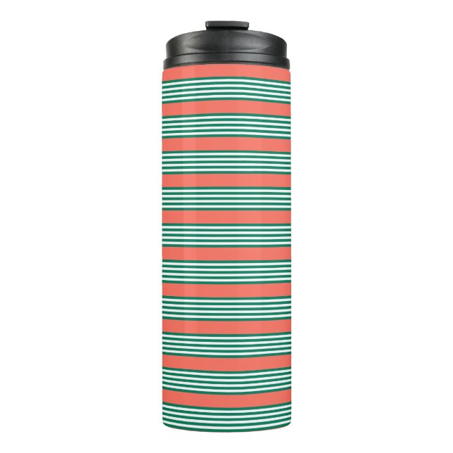 Bouteilles Isothermes Motif à cinq bandes vert et blanc avec corail (Devant)