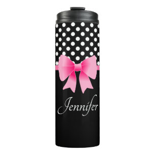 Bouteilles Isothermes Motif à pois noir et blanc Nœud rose Nom