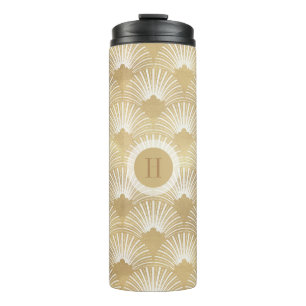 Bouteilles Isothermes motif Art déco jaune or et blanc.